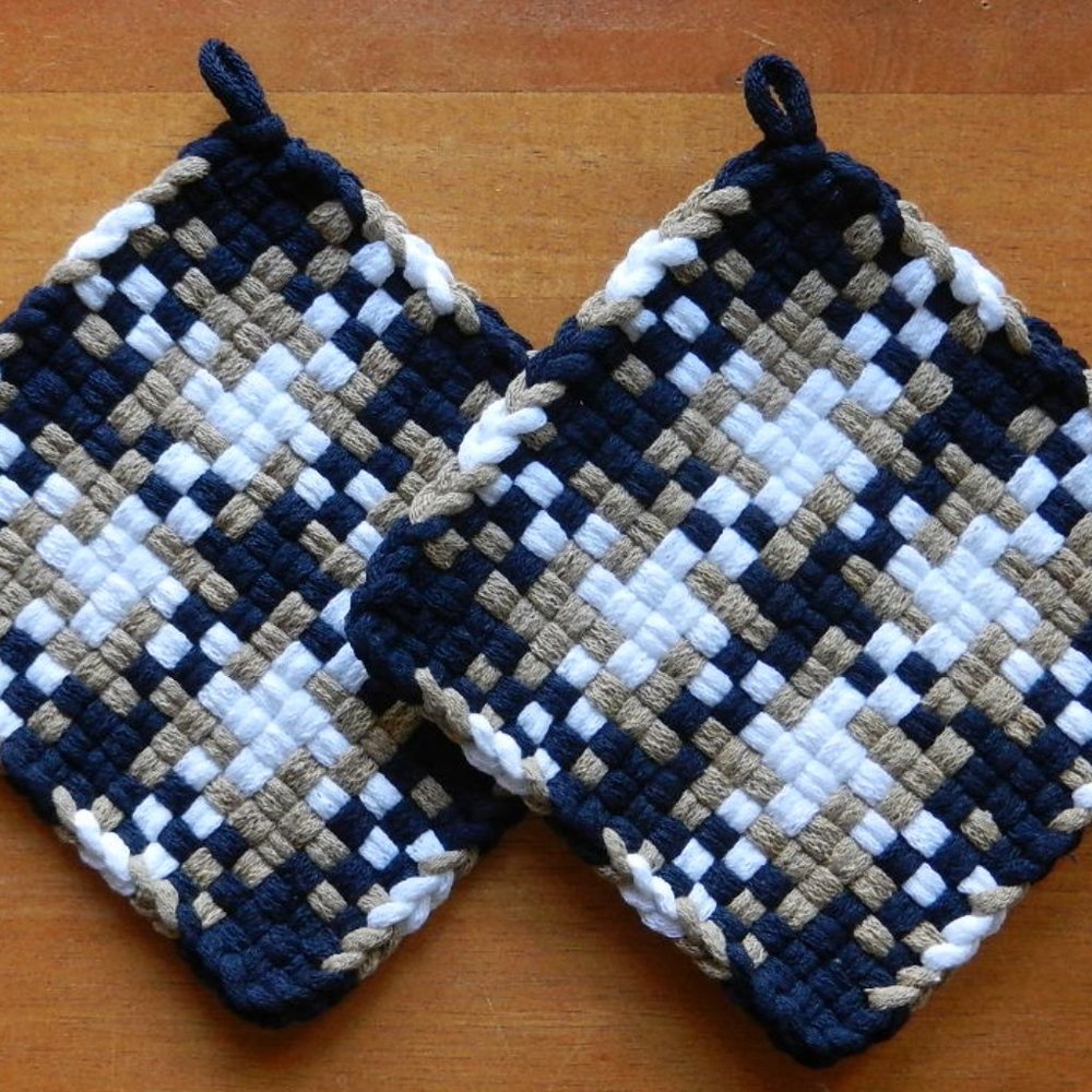 Set of 2 Handmade Artisan Cotton Woven Loomed Nautica Potholders Hot PadsTrivets